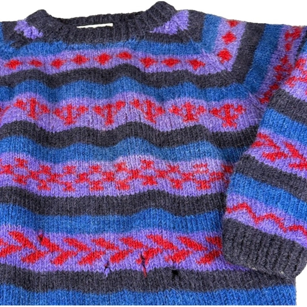 Vintage 80s Snow Fox Wool Hand Knit Sweater Mens S Blue Purple Fair Isle Nepal